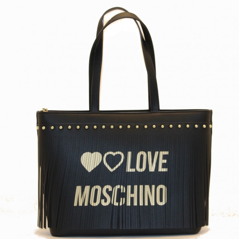 LOVE MOSCHINO - Ecoleather Shopping Bag with Fringes Logo - Black/Gold