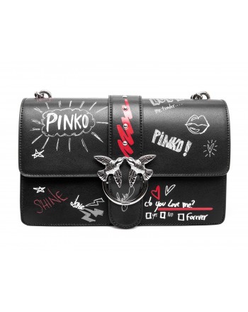 PINKO - Leather Shoulderstrap LOVE GRAFFITI Bag - Black/White/Red