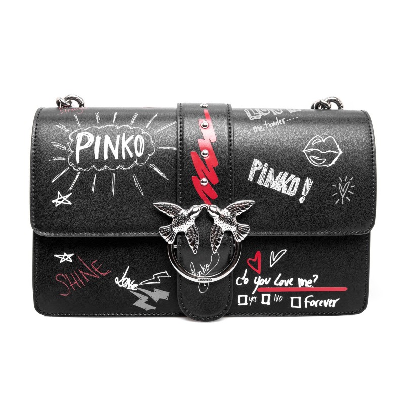 PINKO - Leather Shoulderstrap LOVE GRAFFITI Bag - Black/White/Red