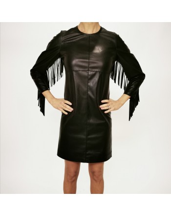 PINKO - BRANDY dress in leather with fringe - Black