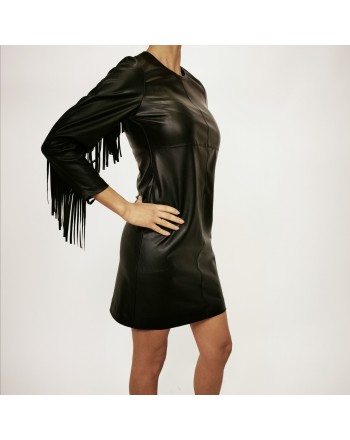PINKO - BRANDY dress in leather with fringe - Black