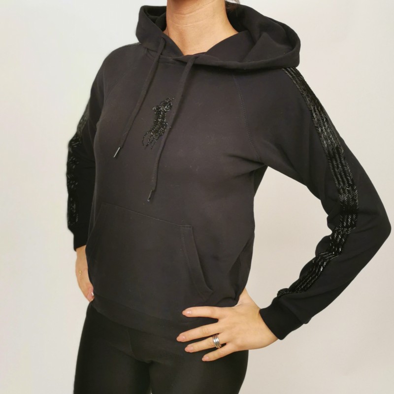 POLO RALPH LAUREN - Cotton Hood Sweatshirt with Paillettes Logo - Black