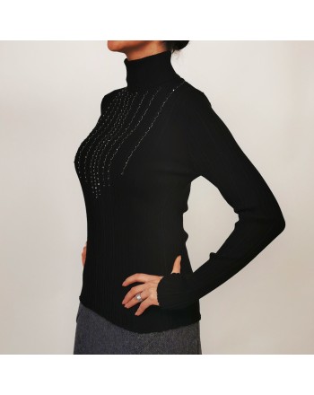 BLUMARINE - Wool Ribbed Knit with Rhinestones - Black