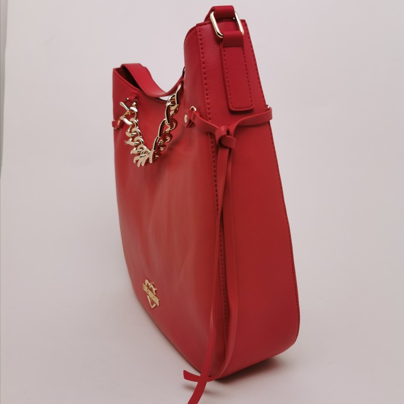 LOVE MOSCHINO - Faux Leather Satchel Bag with Heart Chain - Red