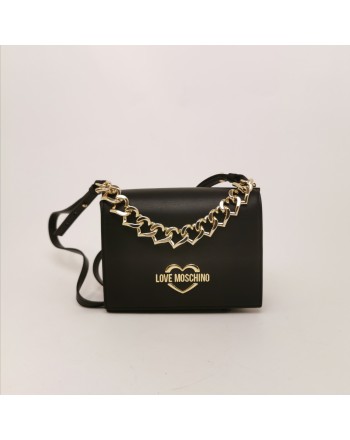 LOVE MOSCHINO - Leather Shoulder Bag with Heart Chain- Black