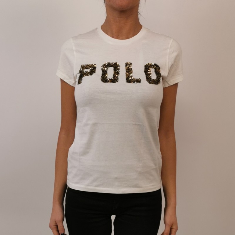 POLO RALPH LAUREN - Cotton T-Shirt with Paillettes Logo - Snow