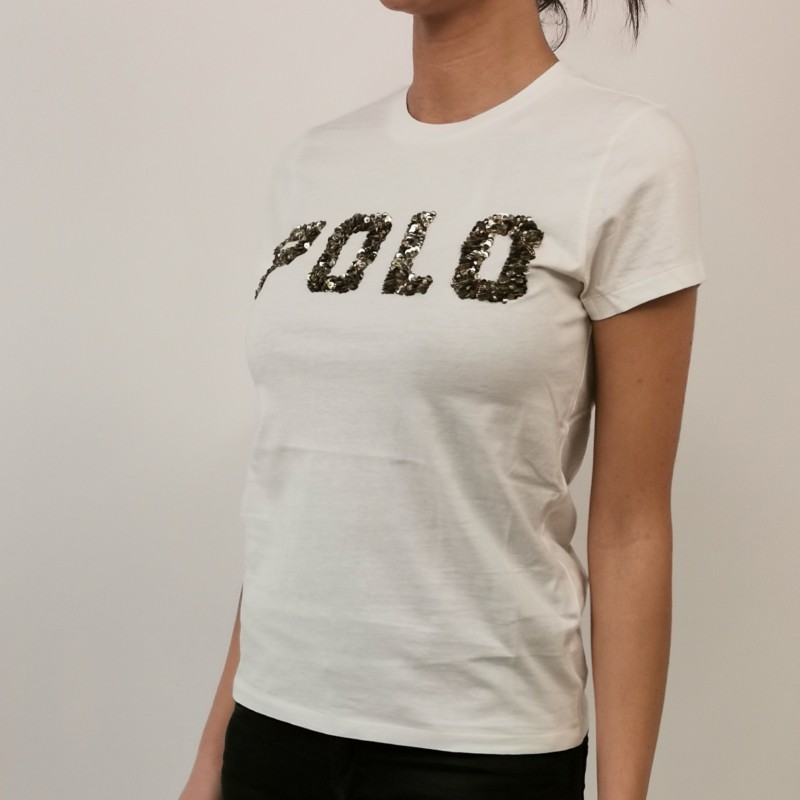 POLO RALPH LAUREN - Cotton T-Shirt with Paillettes Logo - Snow