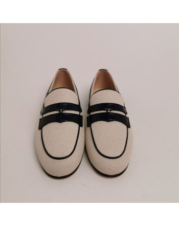 TOD'S - Leather and Cotton Loafers with Flat T - Marble