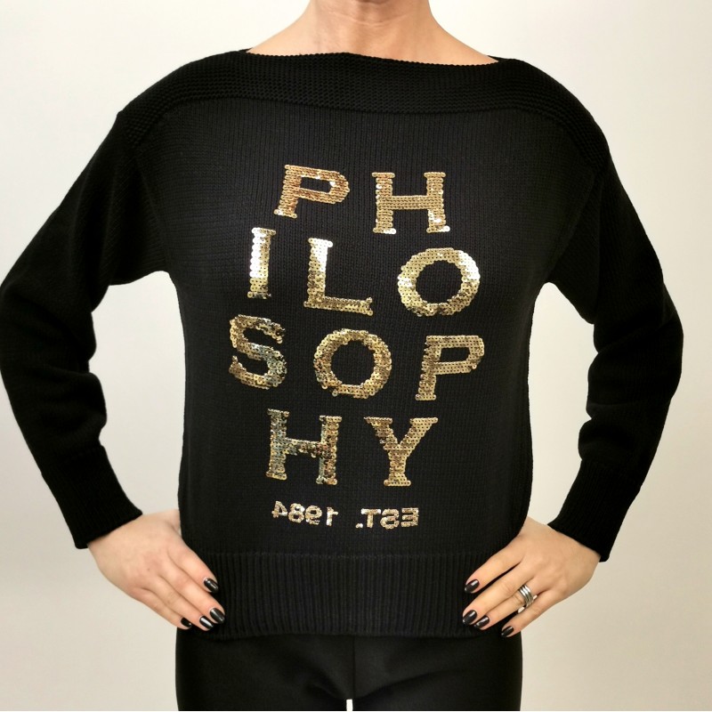 PHILOSOPHY di LORENZO SERAFINI - Cotton Knit with Paillettes Logo - Black
