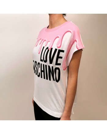 LOVE MOSCHINO - T-Shirt in Cotone Stampa Colata - Bianco/Rosa