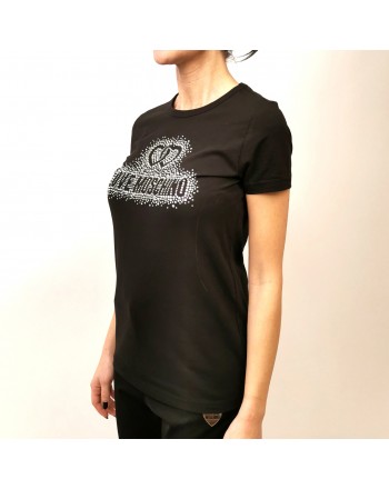 LOVE MOSCHINO - Cotton T-Shirt with Rhinestones Logo - Black