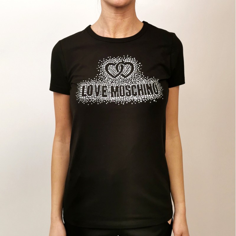 LOVE MOSCHINO - TShirt in Cotone con Logo Strass - Nero