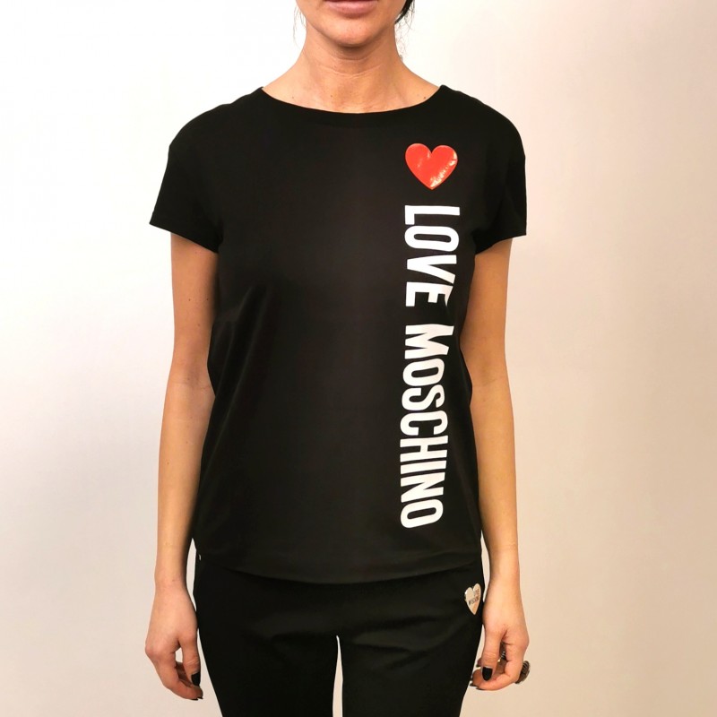 heritage Strait thong Intuition LOVE MOSCHINO Cotton T-Shirt with Heart- Black [Woman] Elsa Boutique