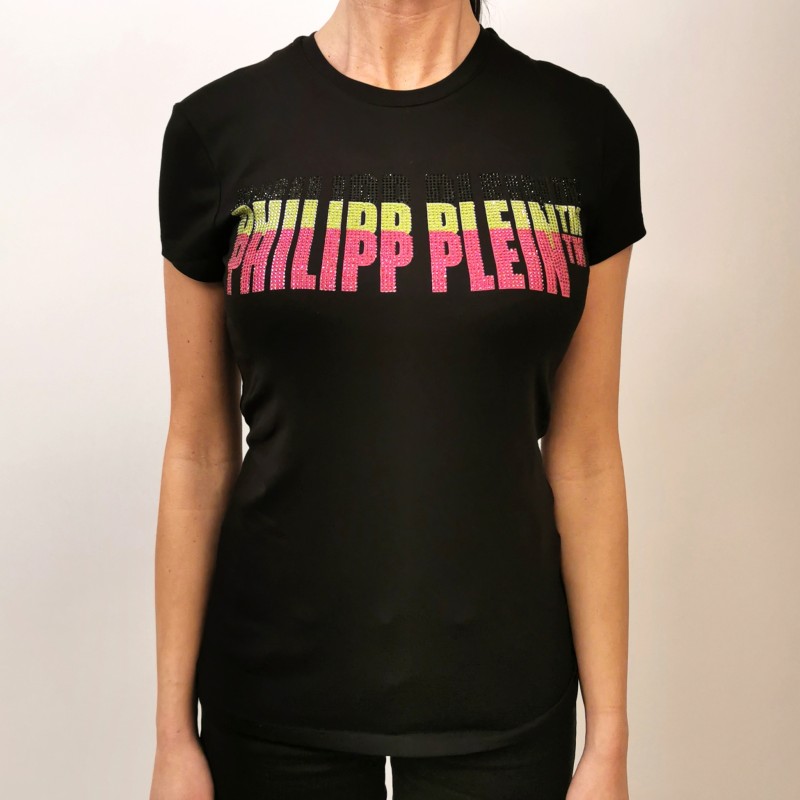 PHILIPP PLEIN - T-Shirt con Logo Strass Fluo- Nero