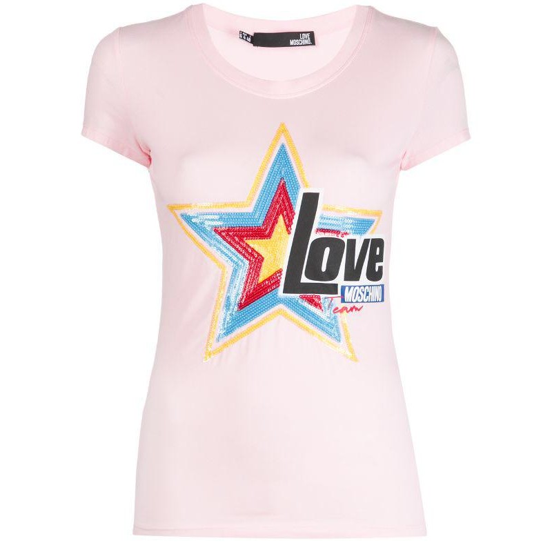 LOVE MOSCHINO - T-Shirt con paillettes in cotone - Rosa