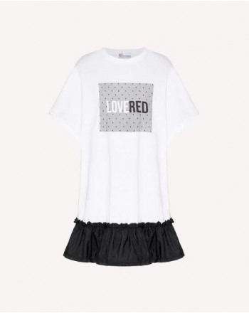 RED VALENTINO -  Abito T-Shirt con Stampa Tulle- Bianco/Nero
