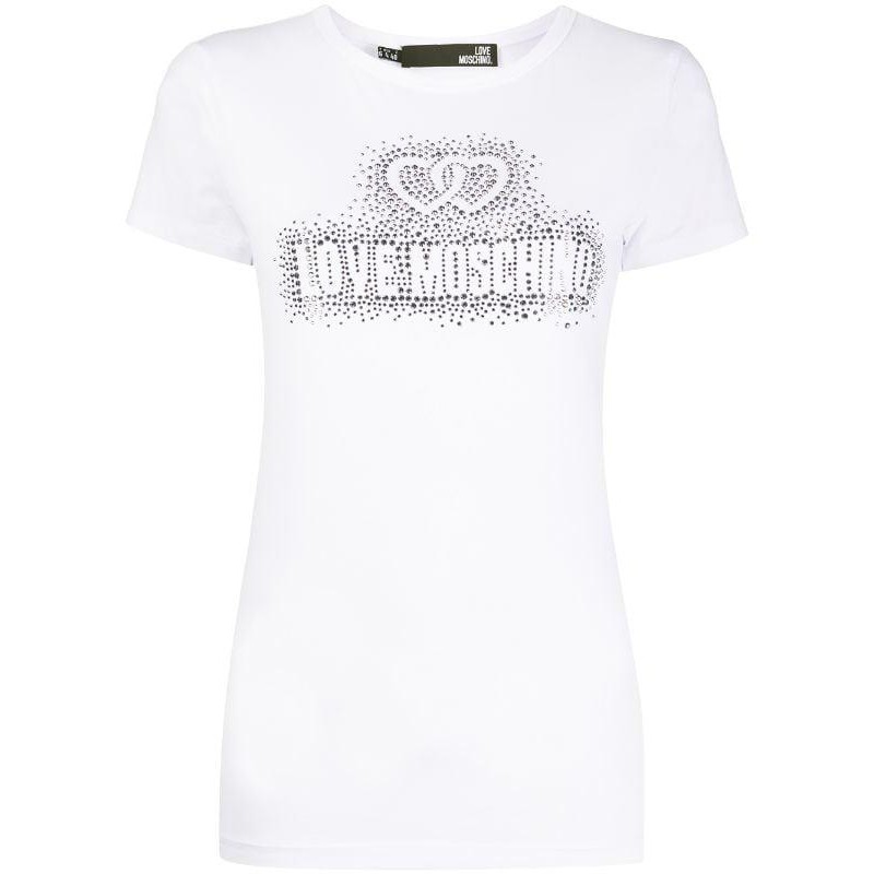 LOVE MOSCHINO - Cotton T-Shirt with Rhinestones Logo - Bianco