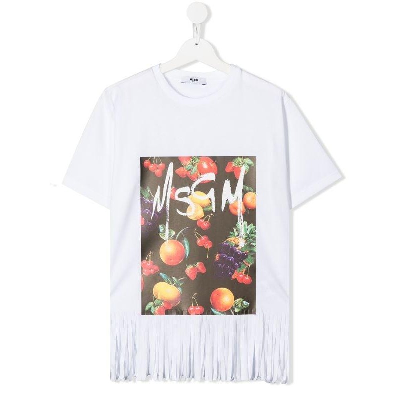 MSGM Baby- Printed T-Shirt with Fringes- White
