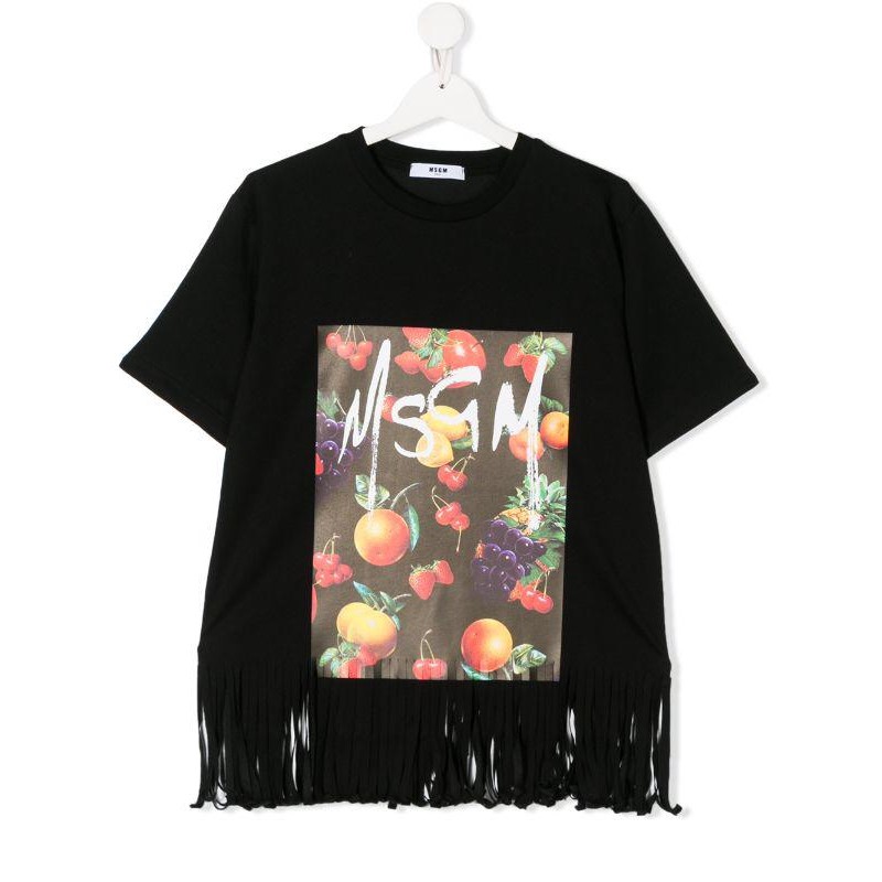 MSGM Baby- Printed T-Shirt with Fringes- Black