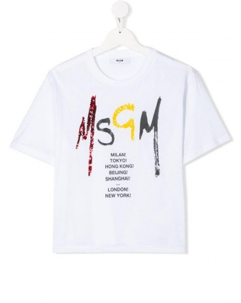 MSGM Baby- T-Shirt Stampa Logo Paillettes- Bianco