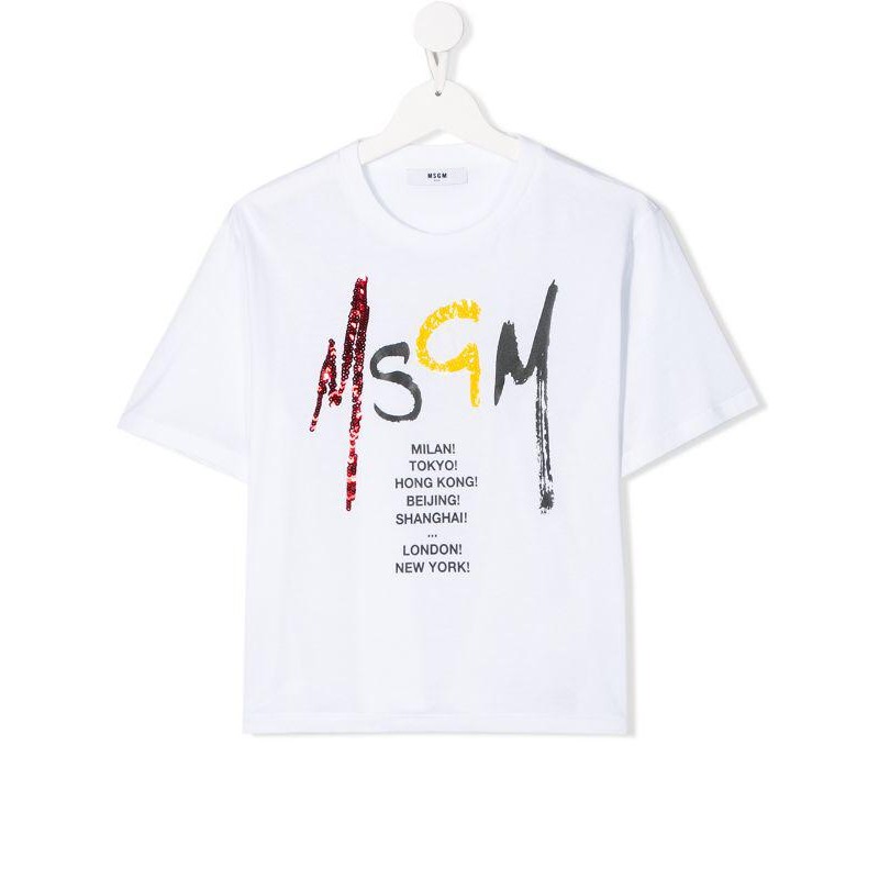 MSGM Baby- Sequins Logo Printed T-Shirt- White
