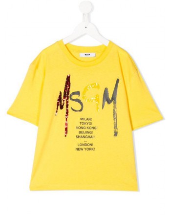 MSGM Baby- Sequins Logo Printed T-Shirt- Yellow