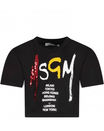 MSGM Baby- Sequins Logo Printed T-Shirt- Black