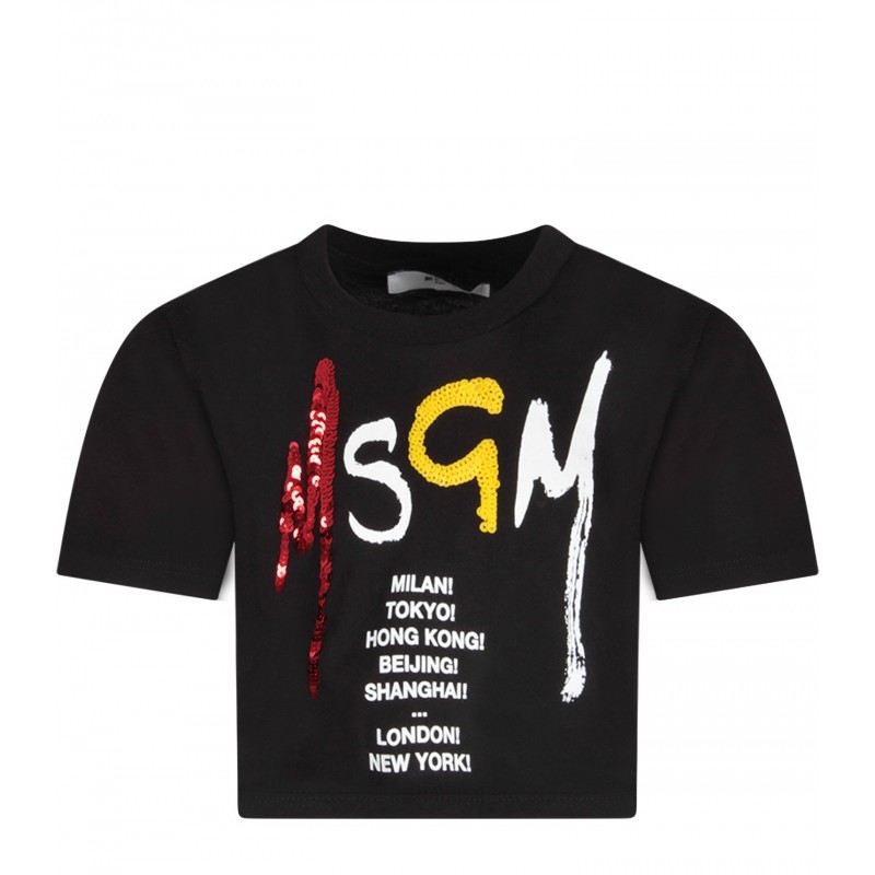 MSGM Baby- Sequins Logo Printed T-Shirt- Black