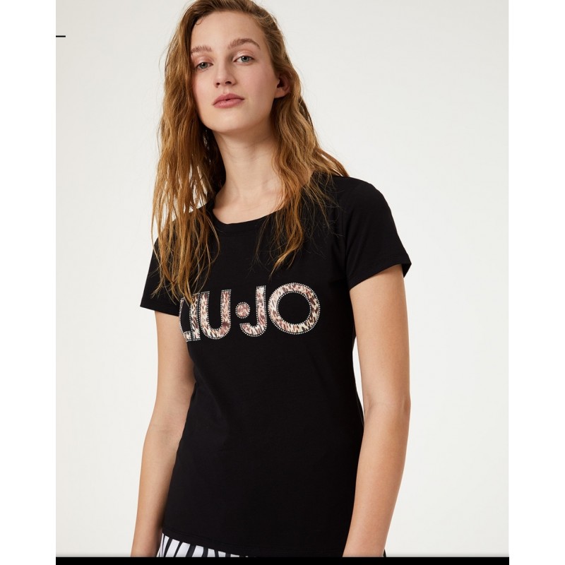 LIU-JO - T-Shirt Logo Maculato- Nero/Maculato Tropical