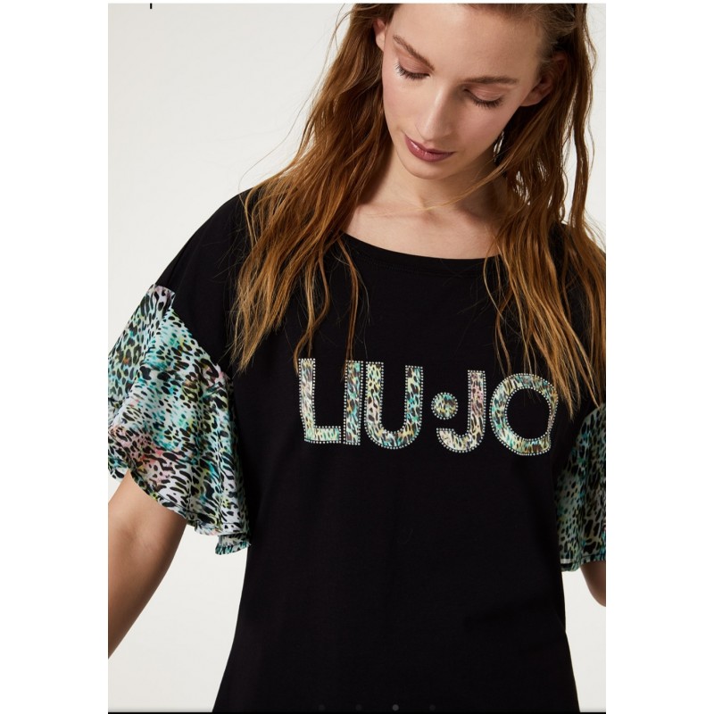 LIU- JO BEACHWEAR  -Animalier Sleeves and Logo Dress  - Black Tropical Animalier