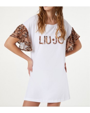 LIU- JO BEACHWEAR  -Animalier Sleeves and Logo Dress  - White/Lilac