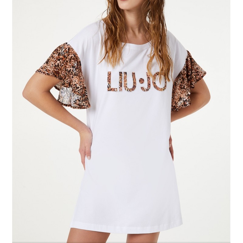 LIU- JO BEACHWEAR  -Animalier Sleeves and Logo Dress  - White/Lilac