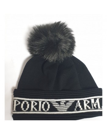 EMPORIO ARMANI - Cappello in Lana con Logo e Pon Pon  - Nero