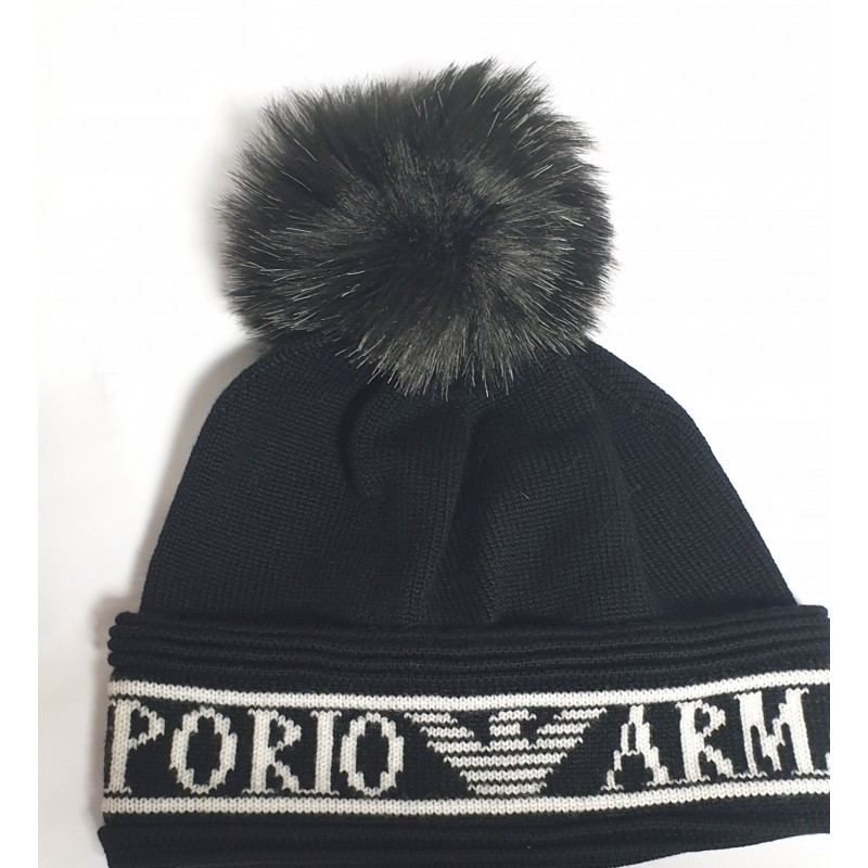 EMPORIO ARMANI - Cappello in Lana con Logo e Pon Pon  - Nero