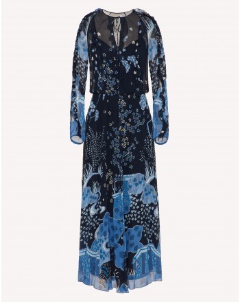 RED VALENTINO - Oriental print silk dress TOILE DE JOUY - Blue