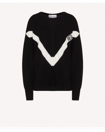 RED VALENTINO - Wool blend sweater with RED embroidery - Black / Ivory