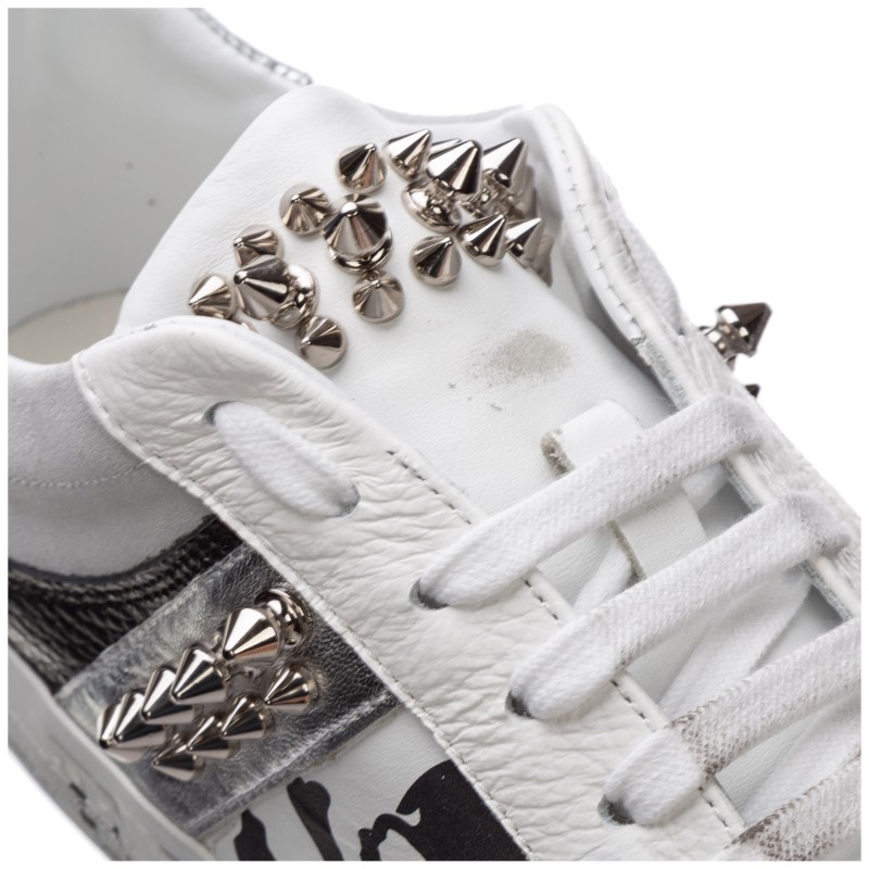 PHILIPP PLEIN - Leather Sneakers with Logo and Studs - White