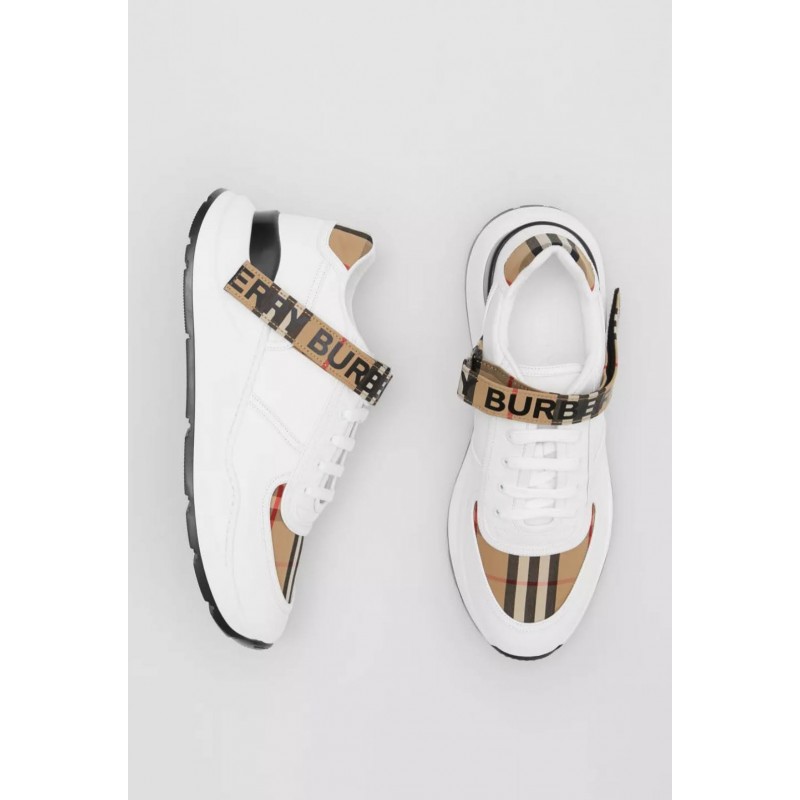 BURBERRY - Leather and check pattern sneakers with logo - Archive Beige / White