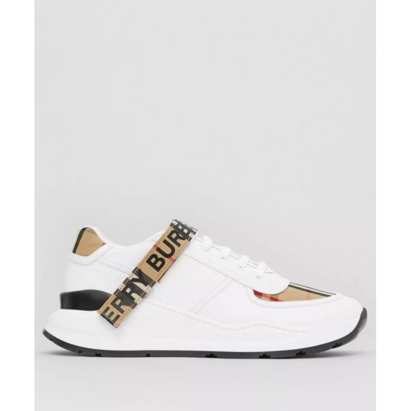 BURBERRY - Leather and check pattern sneakers with logo - Archive Beige / White