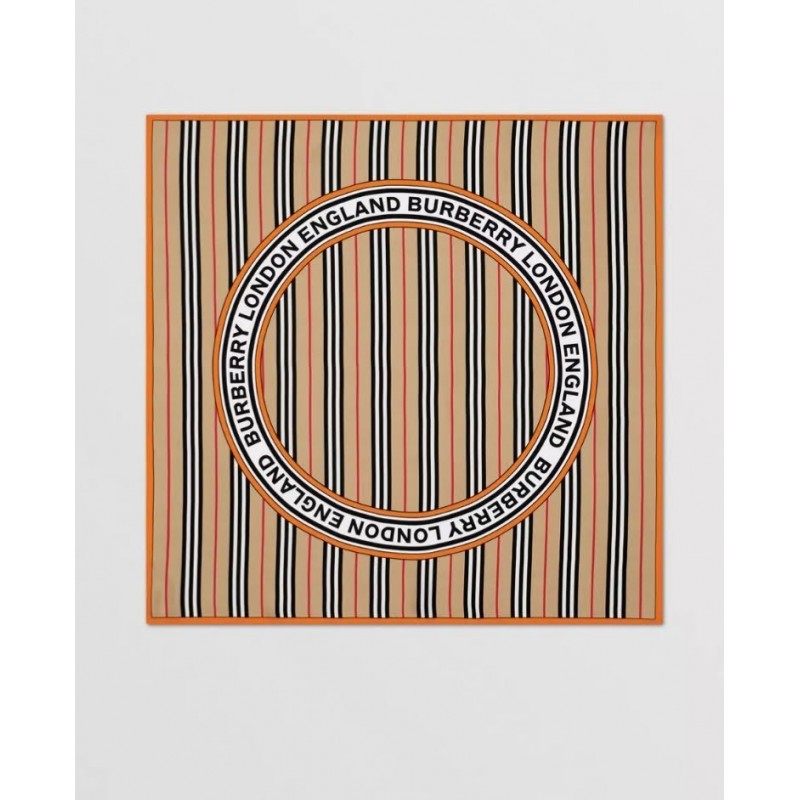 BURBERRY - Silk foulard with graphics, logo and iconic striped pattern - Archive Beige
