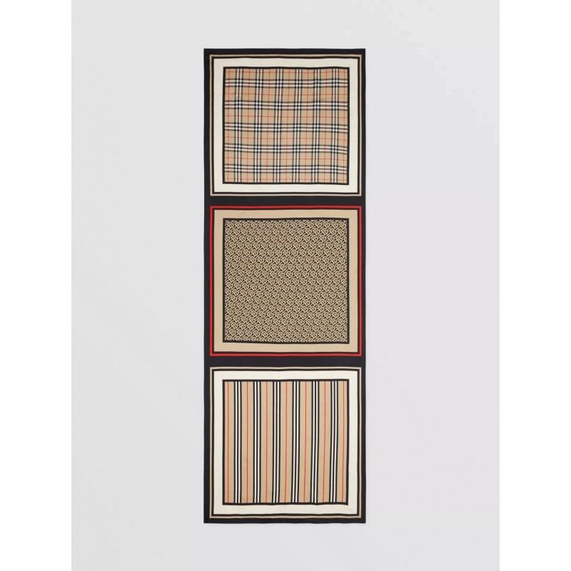 BURBERRY - Silk scarf with iconic striped, monogram and tartan motif - Archive Beige