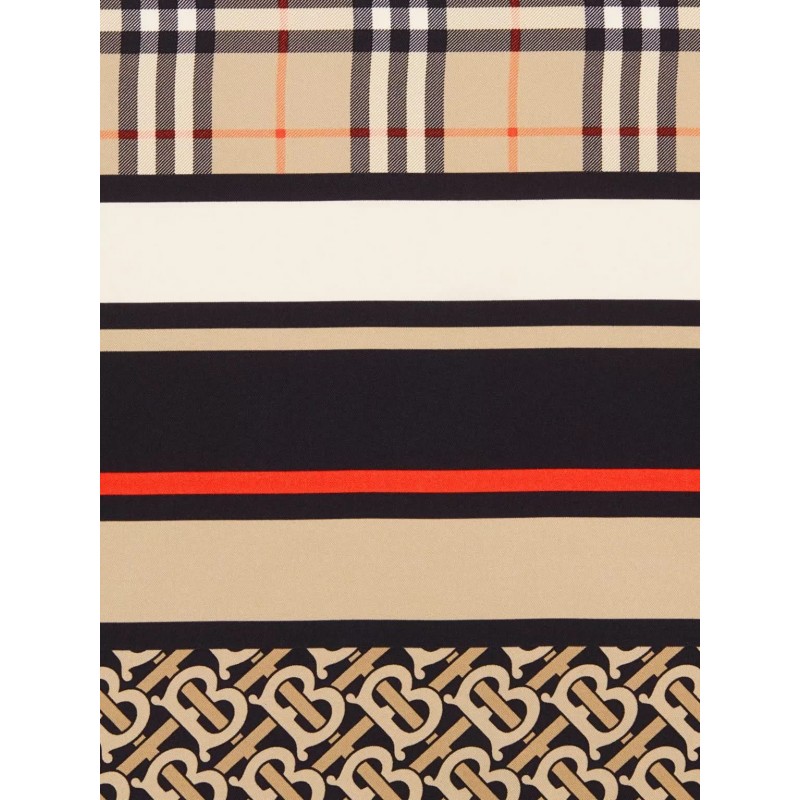 BURBERRY - Silk scarf with iconic striped, monogram and tartan motif - Archive Beige