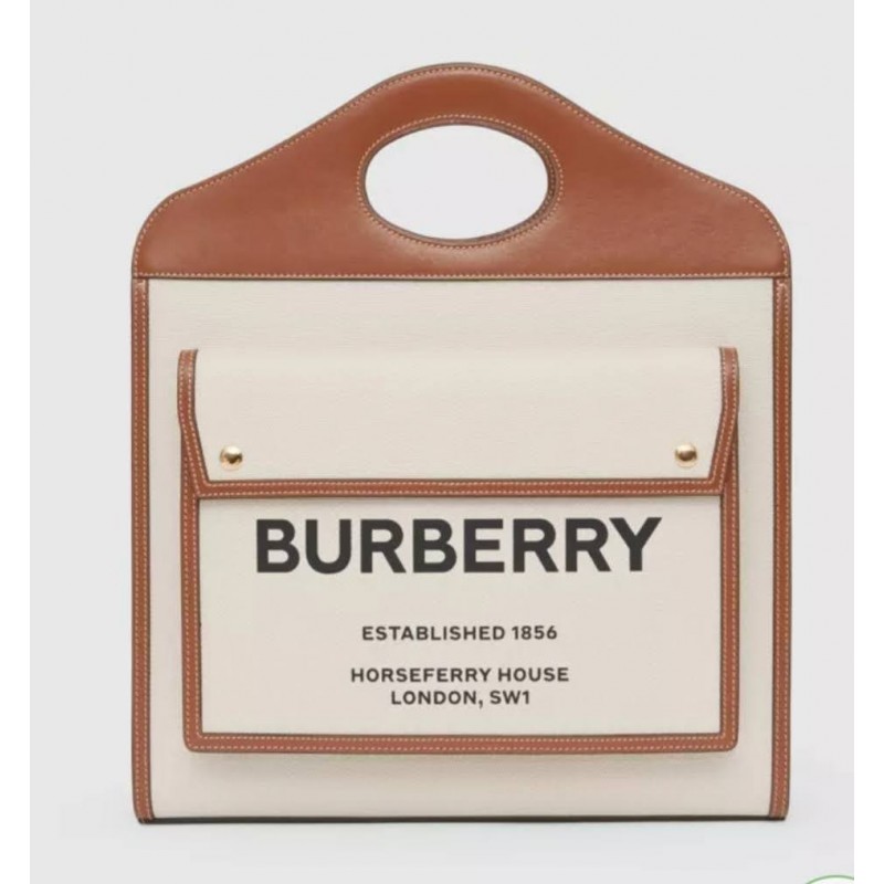 BURBERRY - Borsa Pocket media bicolore in tela e pelle - Natural/Malt Brown