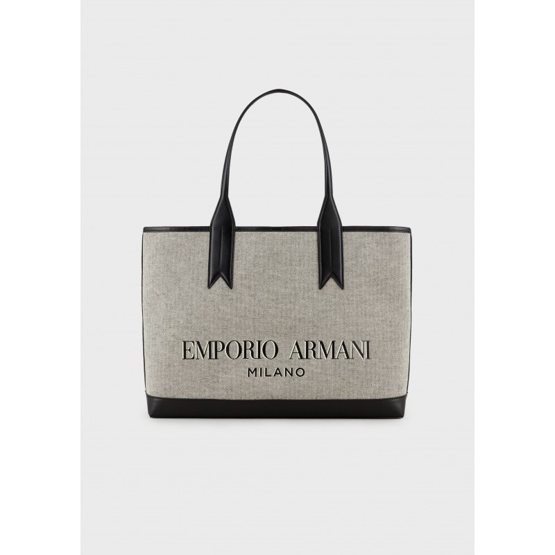 EMPORIO ARMANI - Canvas Shopping Bag -White/ Black/Ecru