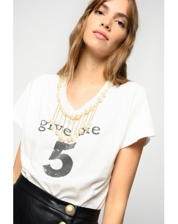 PINCO - ESTROVERSO GIVE ME 5 T-SHIRT WITH PEARLS - WHITE
