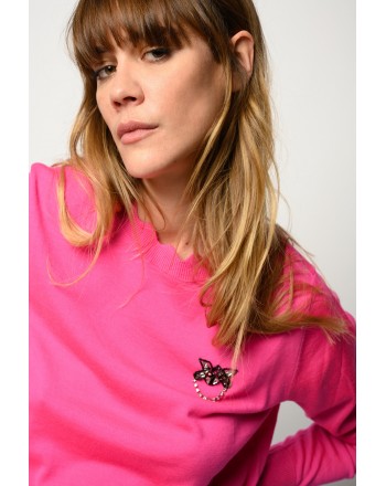 PINKO - PULLOVER WITH LOVE BIRDS JEWEL EMBROIDERY -FUCSIA
