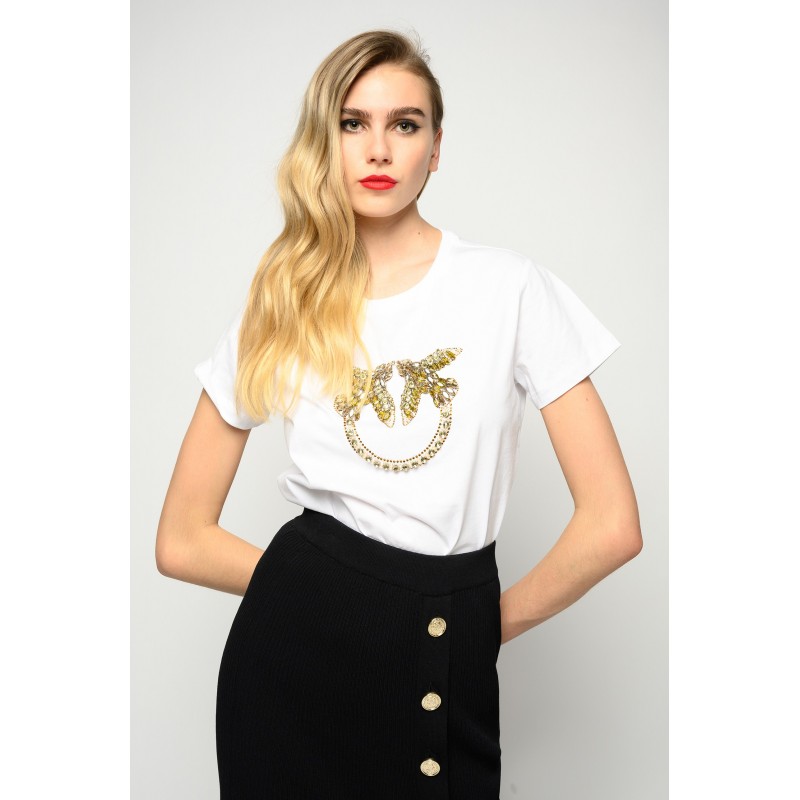 PINKO - QUENTIN 1 LOVE BIRDS EMBROIDERY T-SHIRT - WHITE/ YELLOW