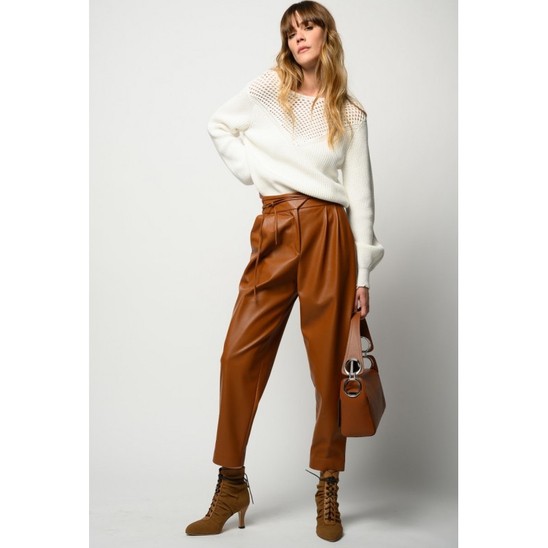 PINKO - RAPITO LEATHER-LOOK TROUSERS WITH NARROW BELT - BROWN