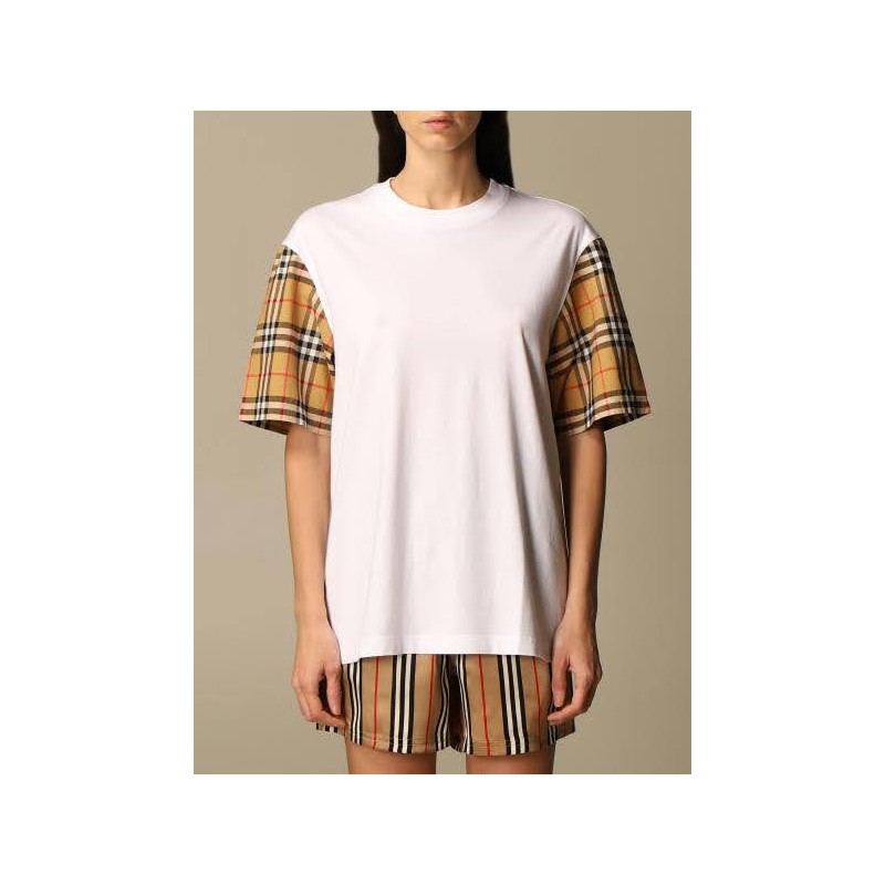 BURBERRY - Cotton T-shirt with check sleeves - White