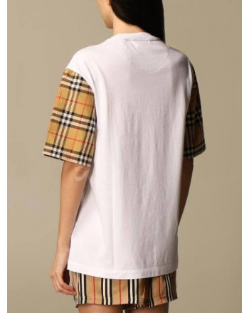 BURBERRY - T-shirt in cotone con maniche  check -  Bianco